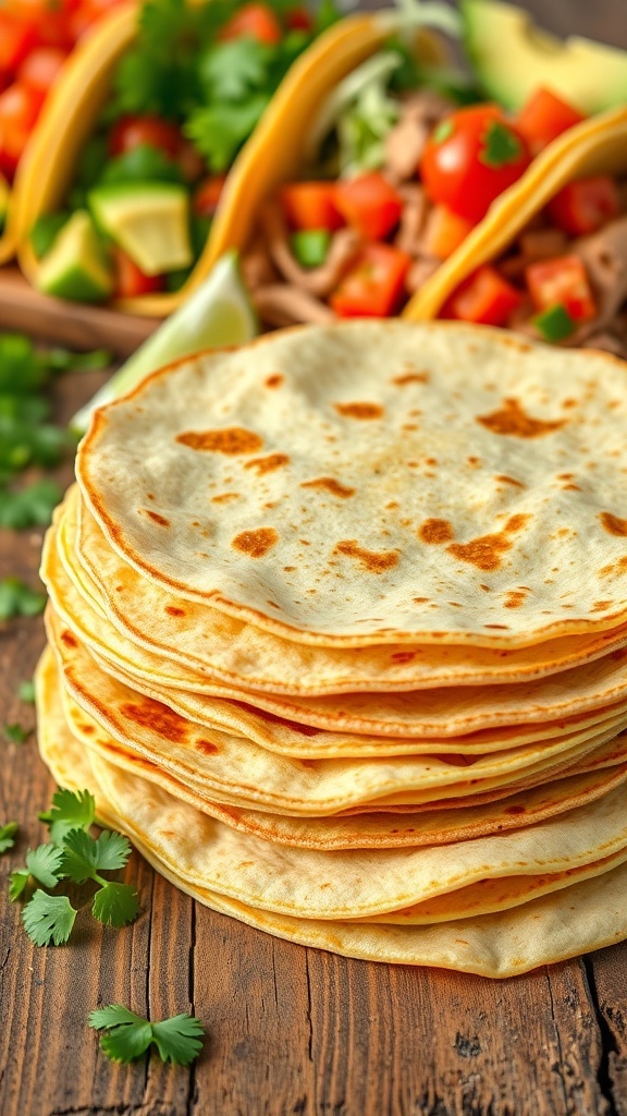 A stack of golden gluten-free tortillas with taco fillings on a wooden table.